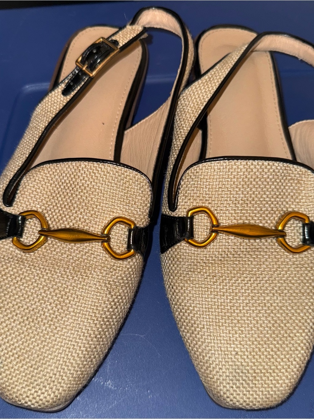 Cream Woven Slingback Mules with Gold Bit Accent